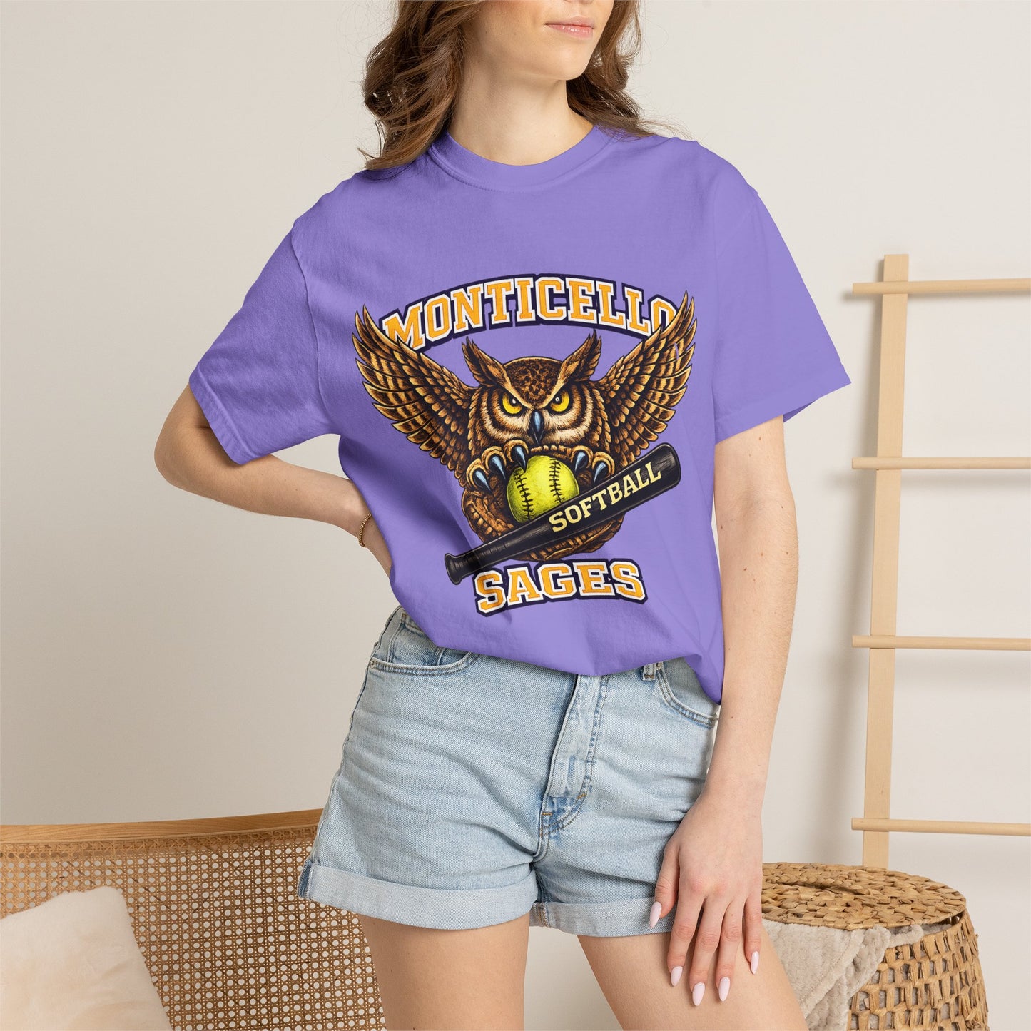 Monticello Sages Softball T-Shirt — Vintage Owl & Wings Team Tee