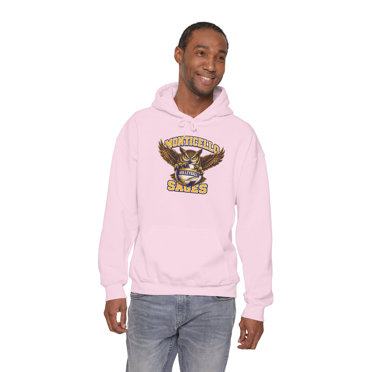 Monticello Sages Volleyball Hoodie — Wingspread Owl Mascot School Sweatshirt