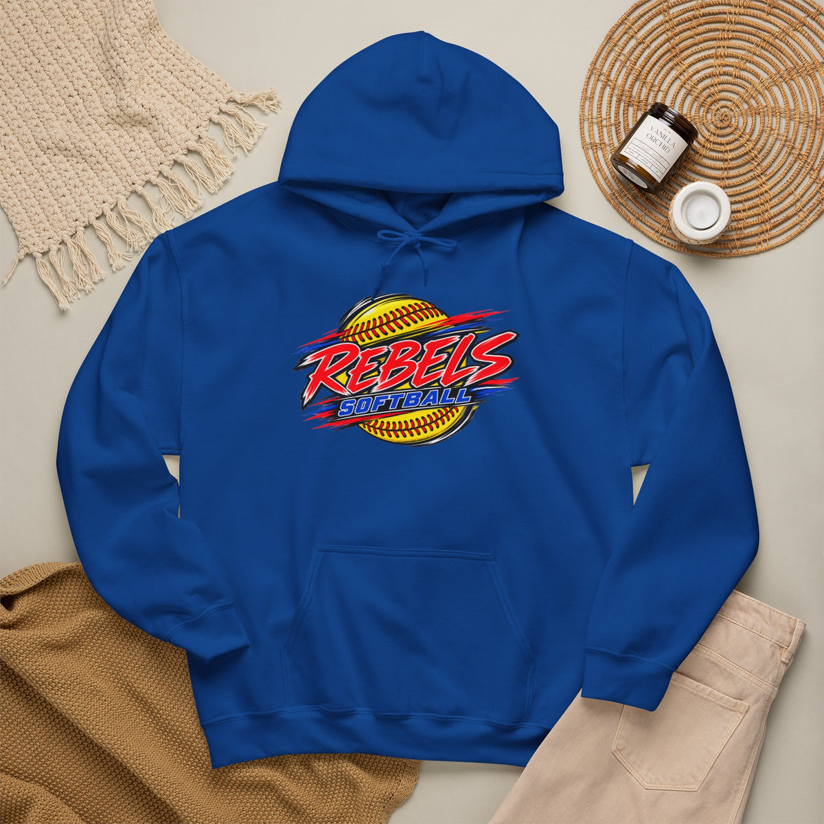 Rebels Softball Hoodie — Retro Yellow Softball Graphic