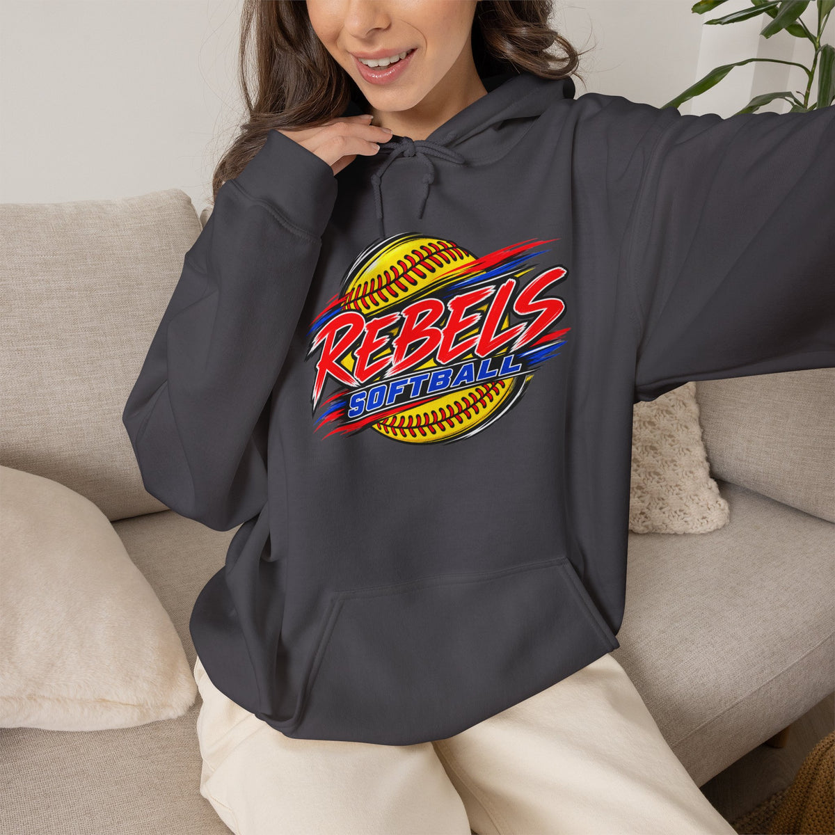 Rebels Softball Hoodie — Retro Yellow Softball Graphic