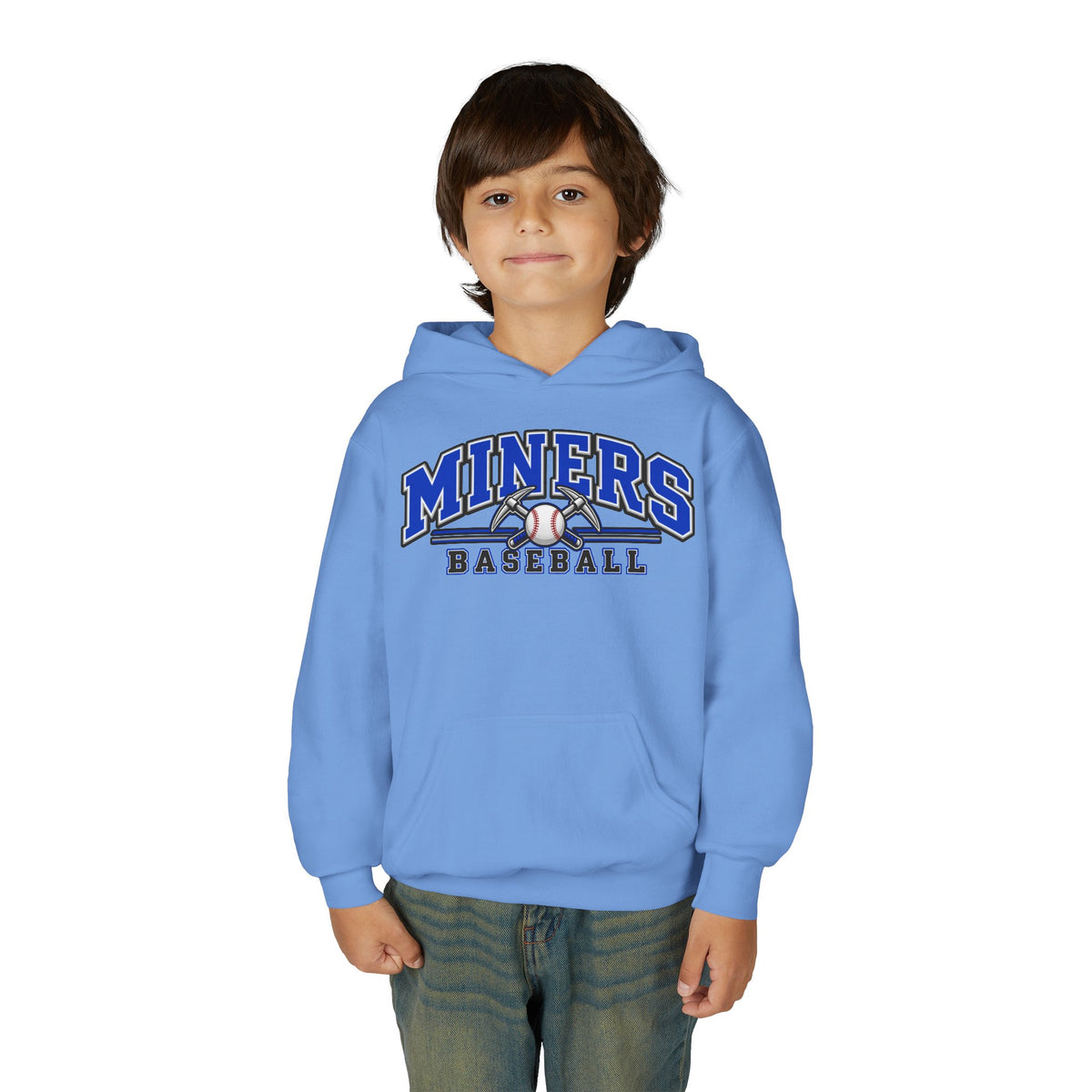 YOUTH Miners Baseball Hoodie — Pickaxe Cross Logo Graphic