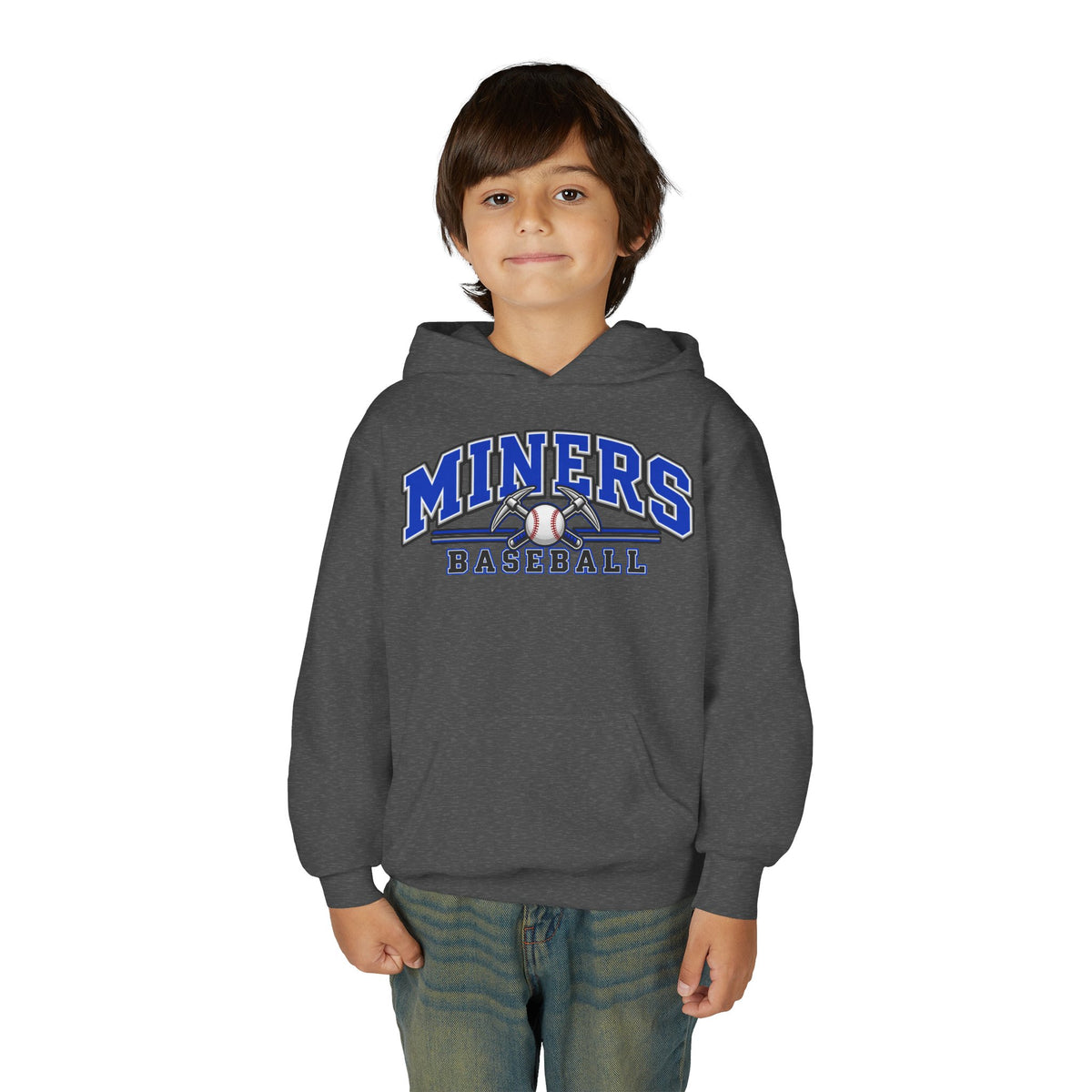 YOUTH Miners Baseball Hoodie — Pickaxe Cross Logo Graphic