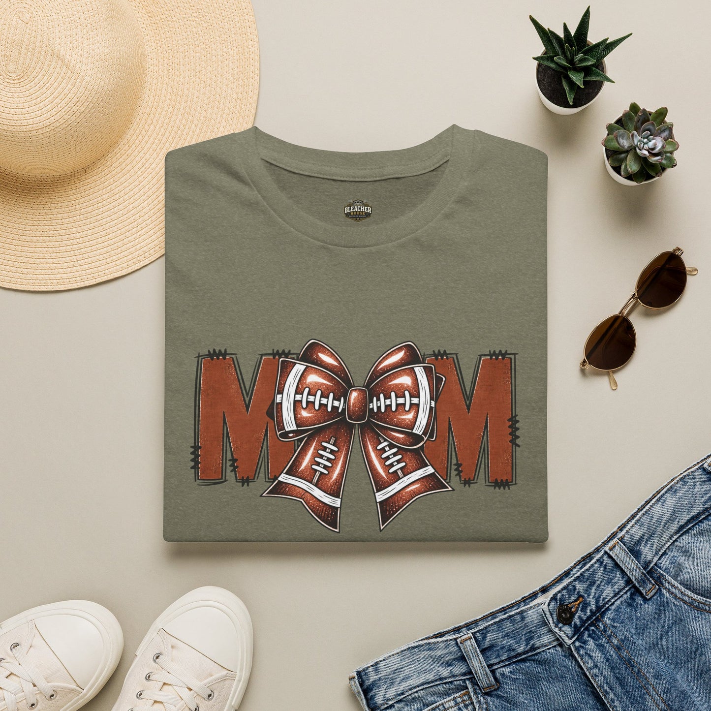 Football Mom T-Shirt — 'MOM' with Football Bow Graphic
