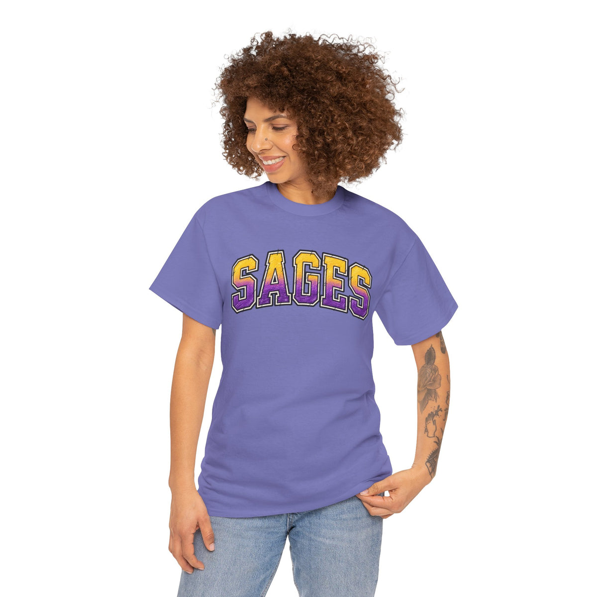 Sages Graphic T-Shirt — Collegiate Purple & Gold Lettering Tee