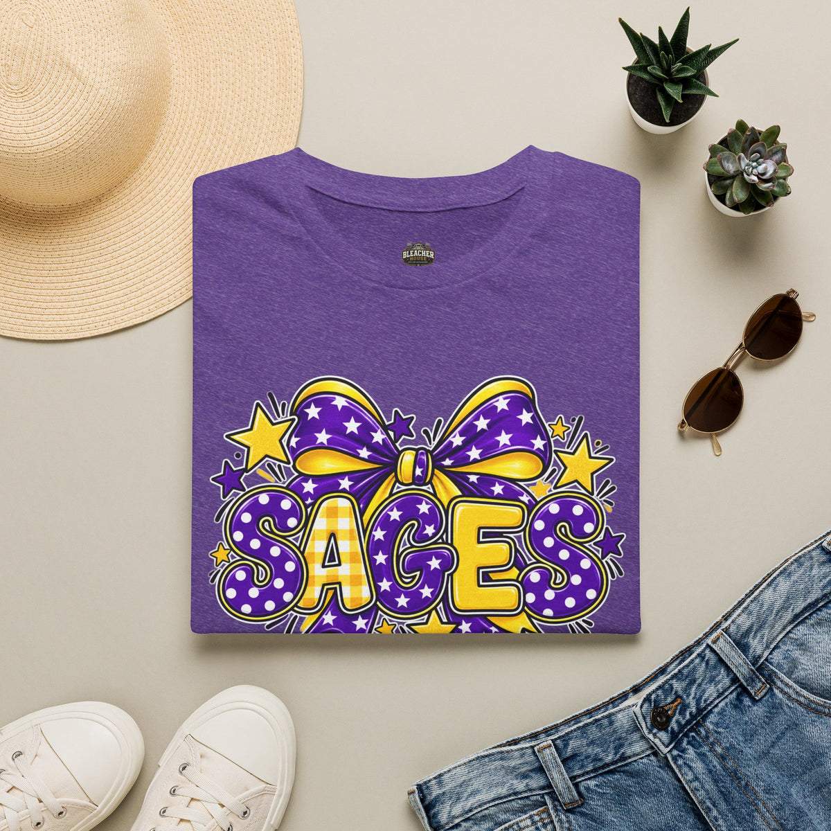 Sages T-Shirt — SAGES Cheer Bow Graphic Tee (Purple & Gold Stars)