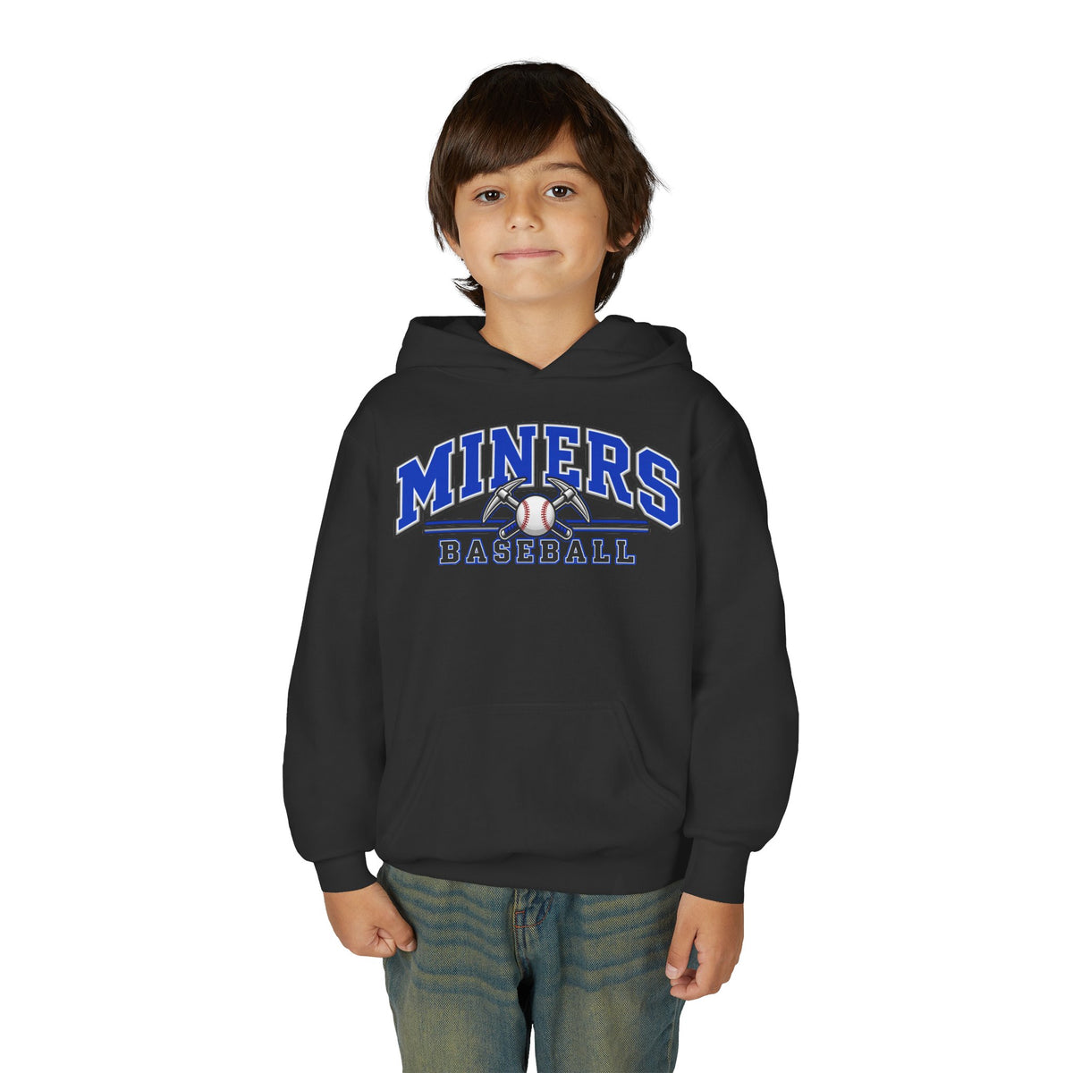 YOUTH Miners Baseball Hoodie — Pickaxe Cross Logo Graphic