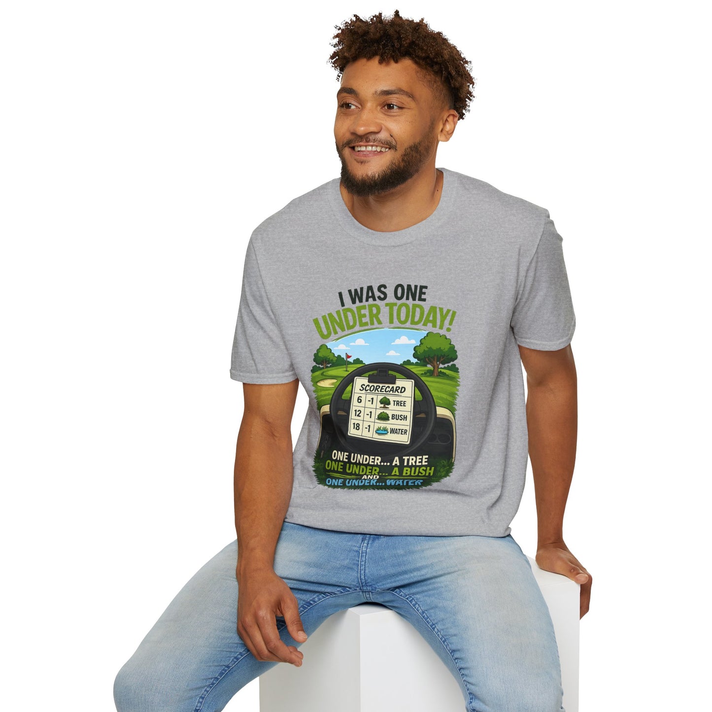 Golf T-Shirt — "I Was One Under Today!" ANIMATED VERSION - Scorecard Golf Humor Shirt