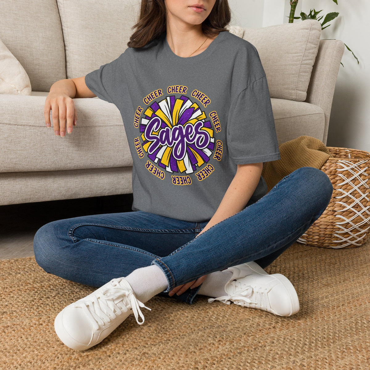 Sages Cheer T-Shirt — Purple & Gold Pom Design