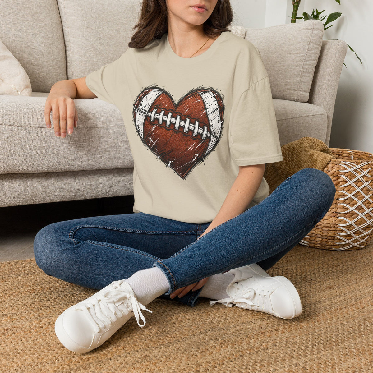 Football Heart Graphic T-Shirt — Vintage Grunge Sports Tee