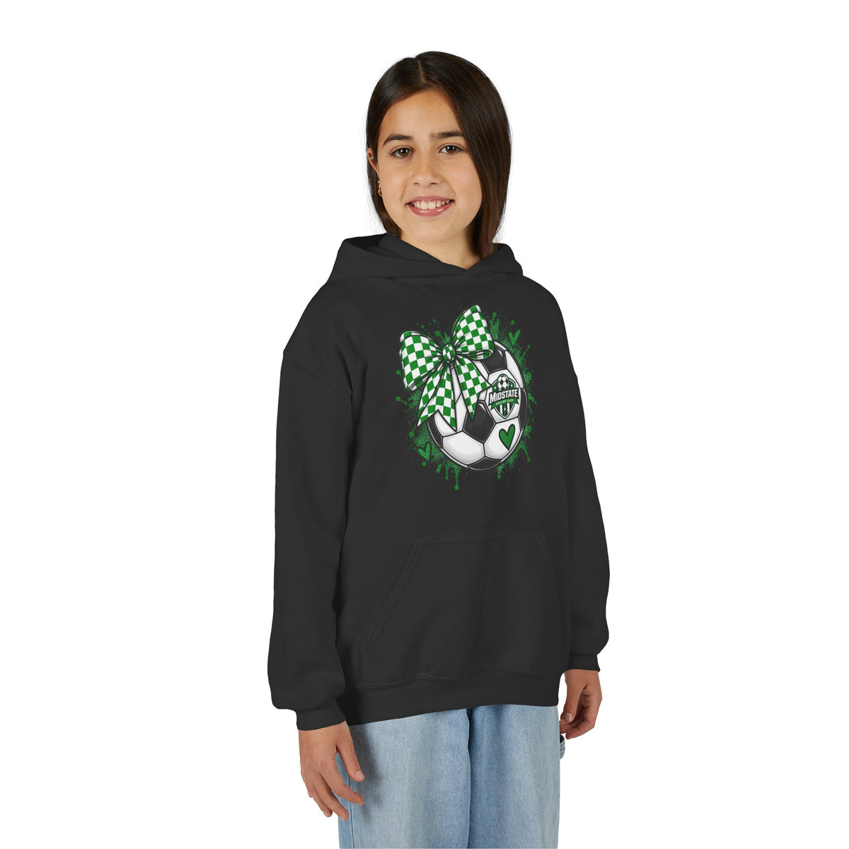 Youth Midstate Hoodie — St. Patrick's Soccer Shamrock Bow Graphic