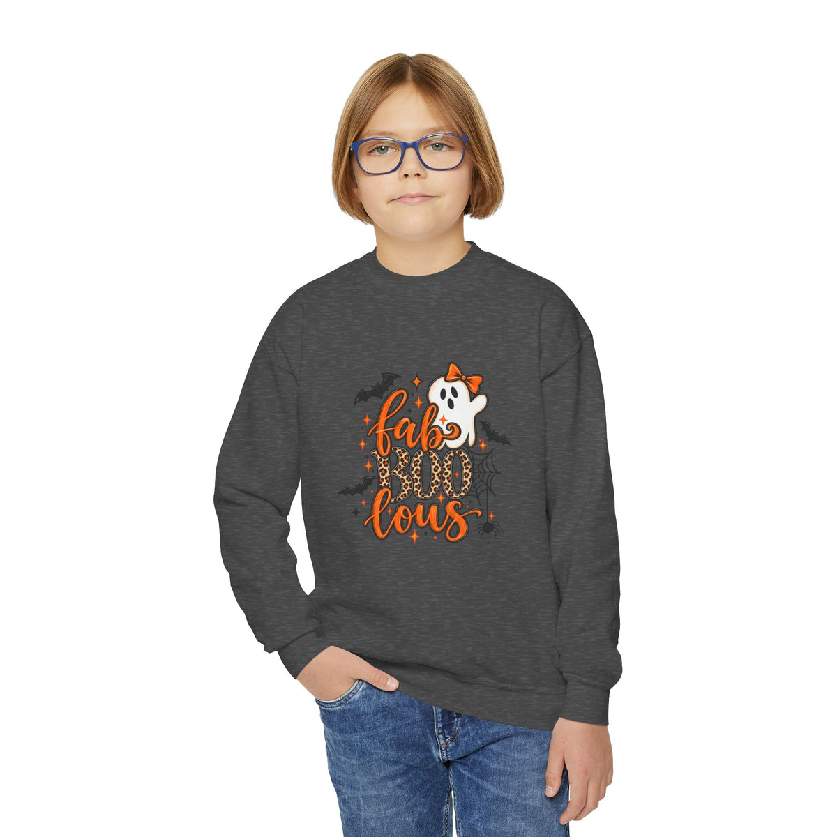 Youth Halloween Crewneck Sweatshirt - "Fabulous" Ghost & Bats Graphic