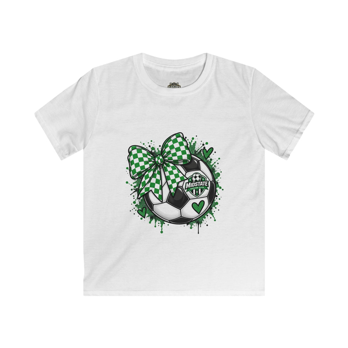 YOUTH Mid State Soccer Bow T-Shirt — Green Checkered Ribbon Soccer Ball Design