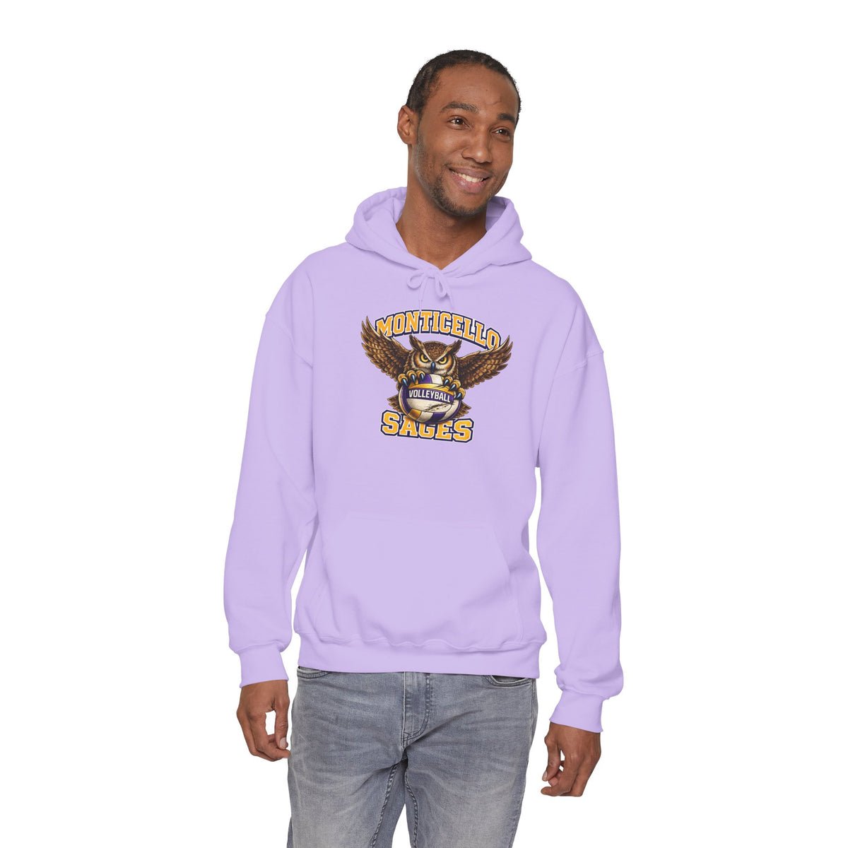 Monticello Sages Volleyball Hoodie — Wingspread Owl Mascot School Sweatshirt