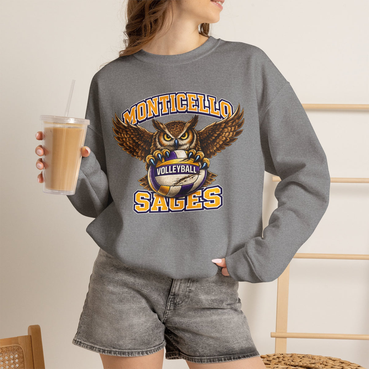 Monticello Sages Volleyball Crewneck Sweatshirt - Owl Wingspread Logo