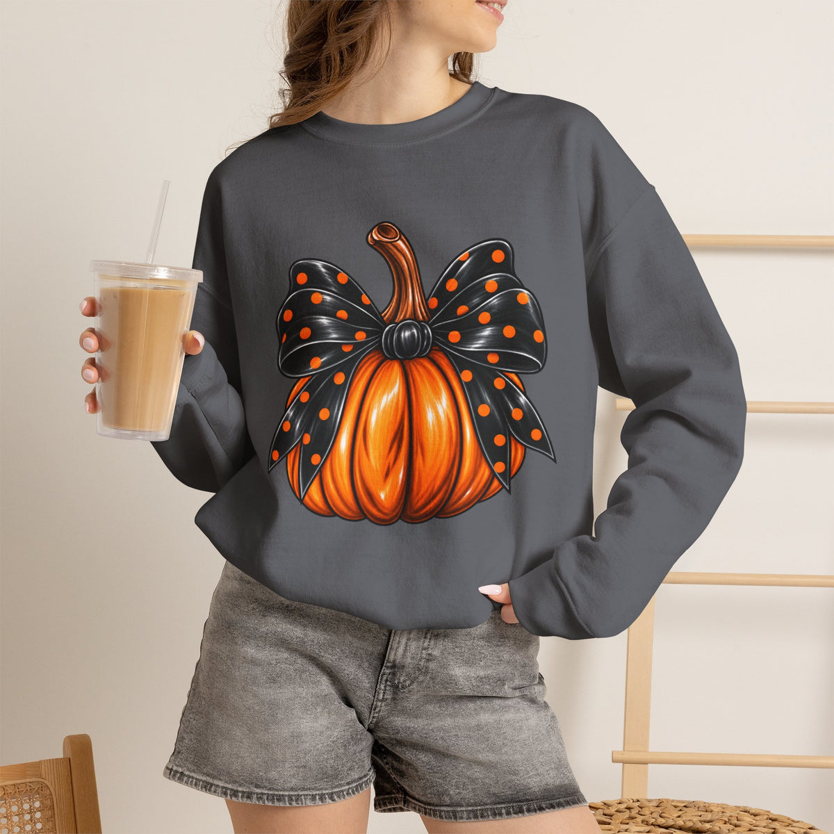 Pumpkin Bow Crewneck Sweatshirt — Cute Halloween Pumpkin Graphic
