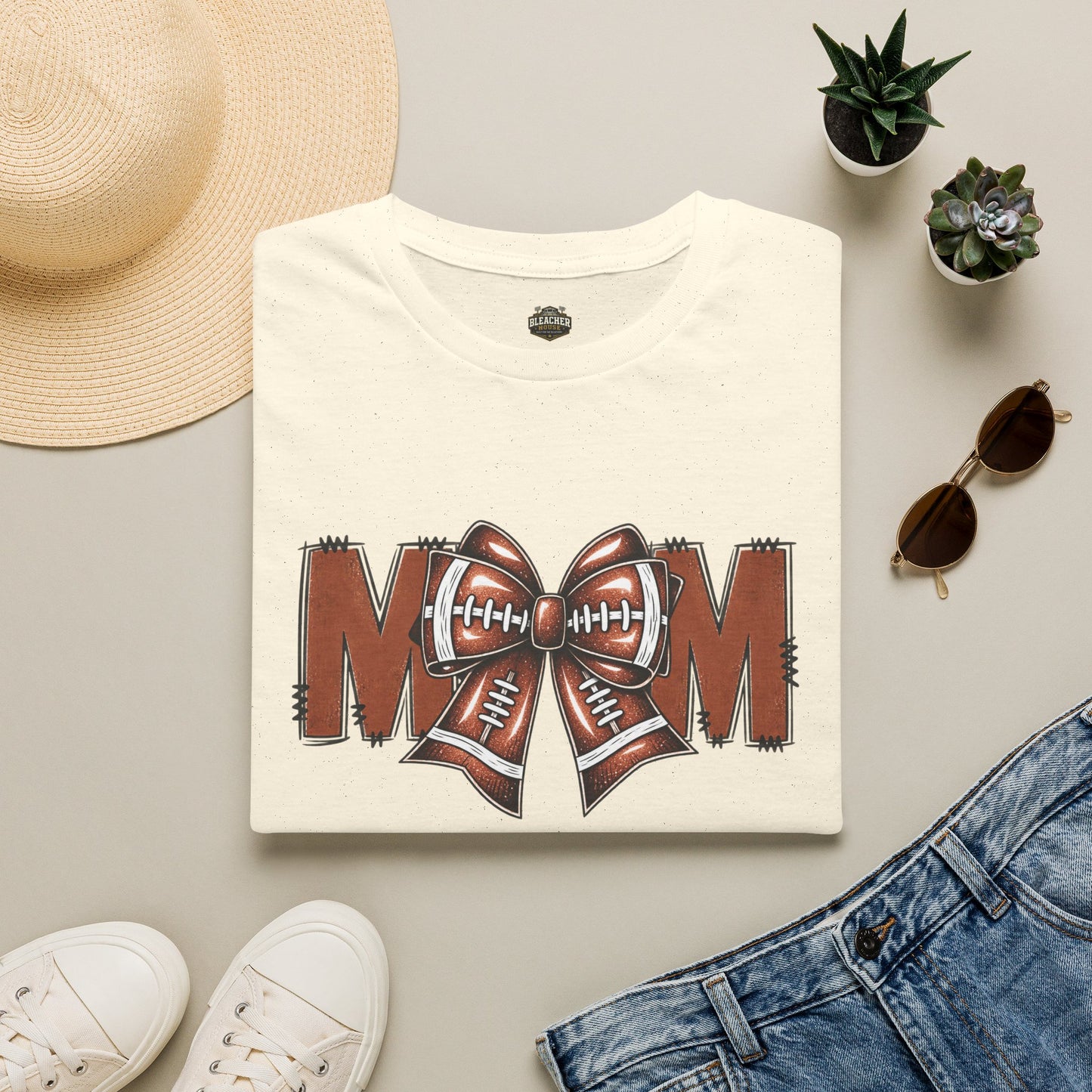 Football Mom T-Shirt — 'MOM' with Football Bow Graphic