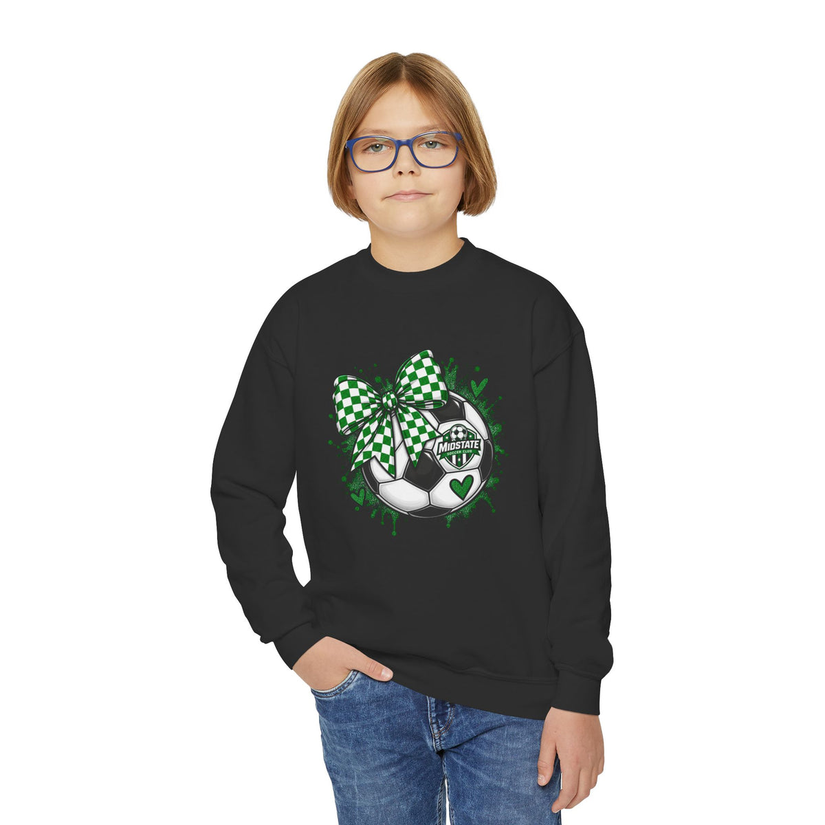 YOUTH Midstate Soccer Crest Crewneck — Green Bow Soccer Ball Sweatshirt