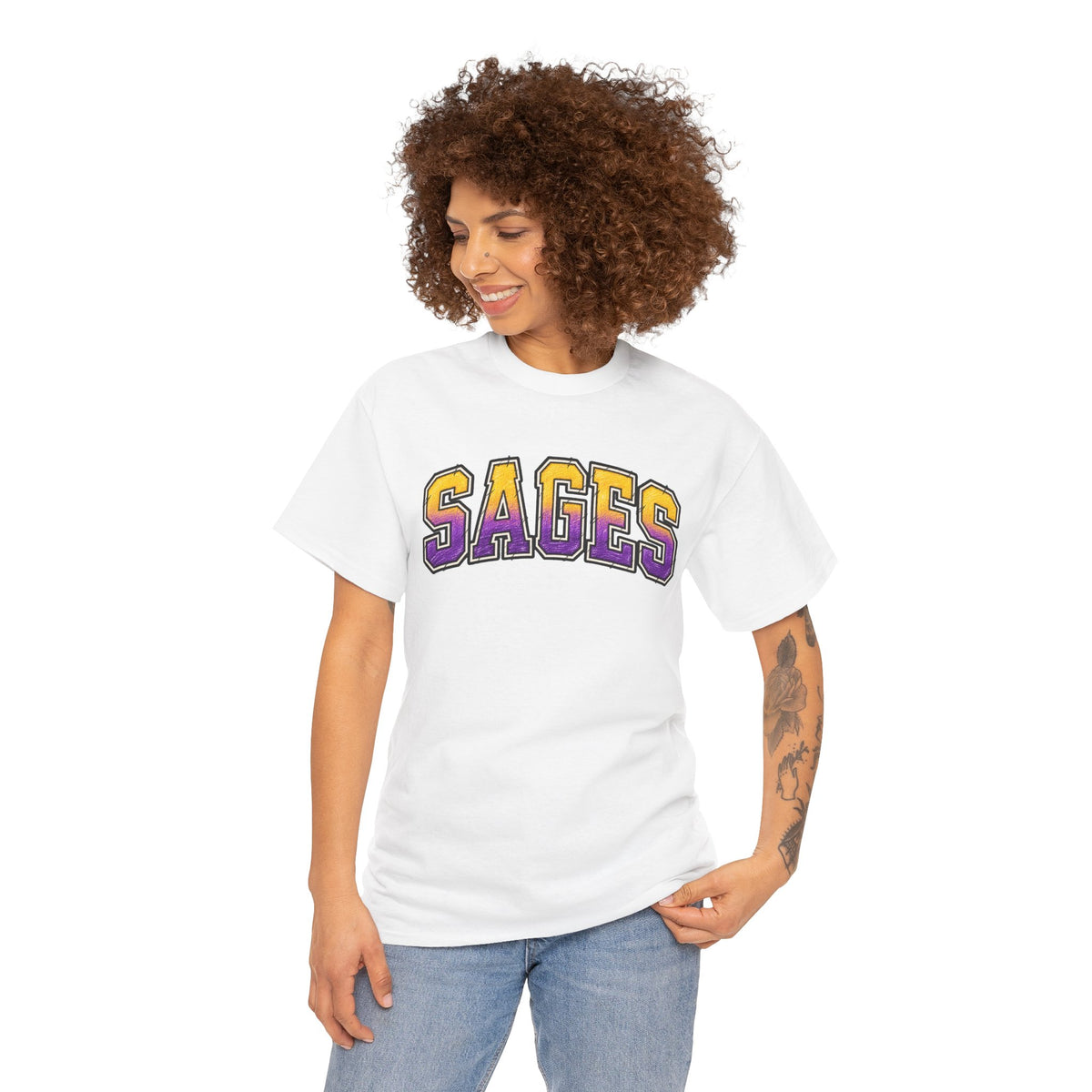 Sages Graphic T-Shirt — Collegiate Purple & Gold Lettering Tee