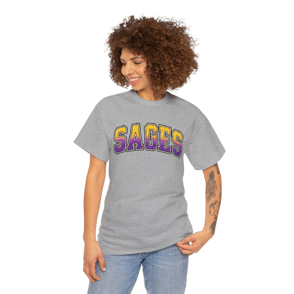 Sages Graphic T-Shirt — Collegiate Purple & Gold Lettering Tee