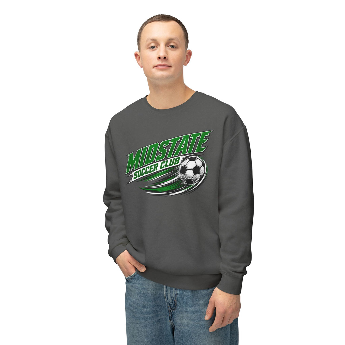 MidState Soccer Club Crewneck Sweatshirt — Vintage Green Soccer Ball Design