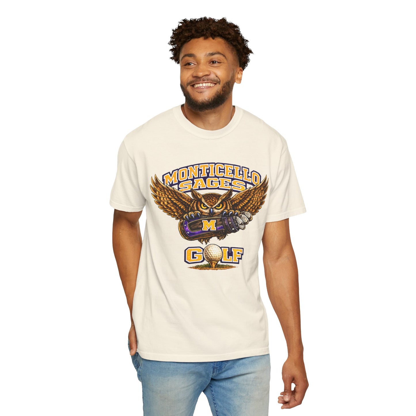 Monticello Sages Golf T-Shirt — Vintage Owl & Wings Team Tee