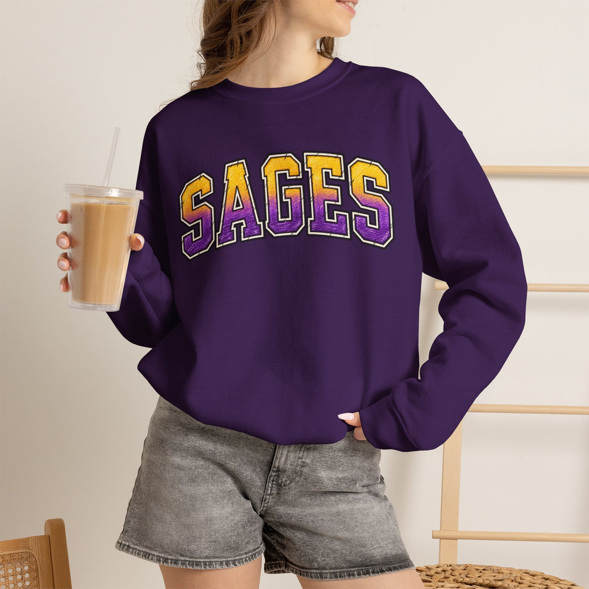 Sages Varsity Crewneck Sweatshirt — Retro Purple & Gold Collegiate Pullover