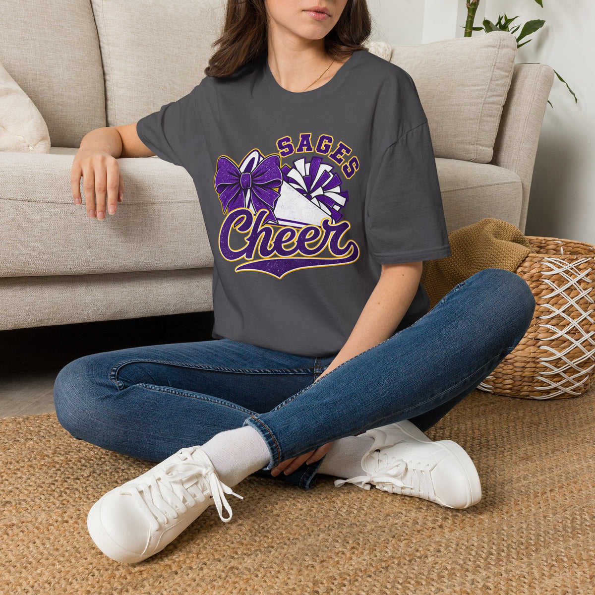 Sages Cheer T‑Shirt — Purple Bow & Pom Design