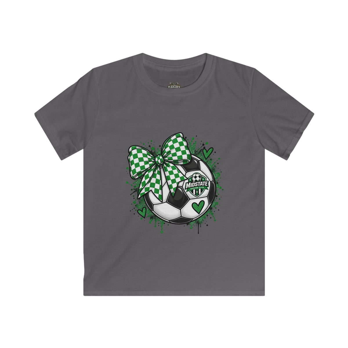 YOUTH Mid State Soccer Bow T-Shirt — Green Checkered Ribbon Soccer Ball Design