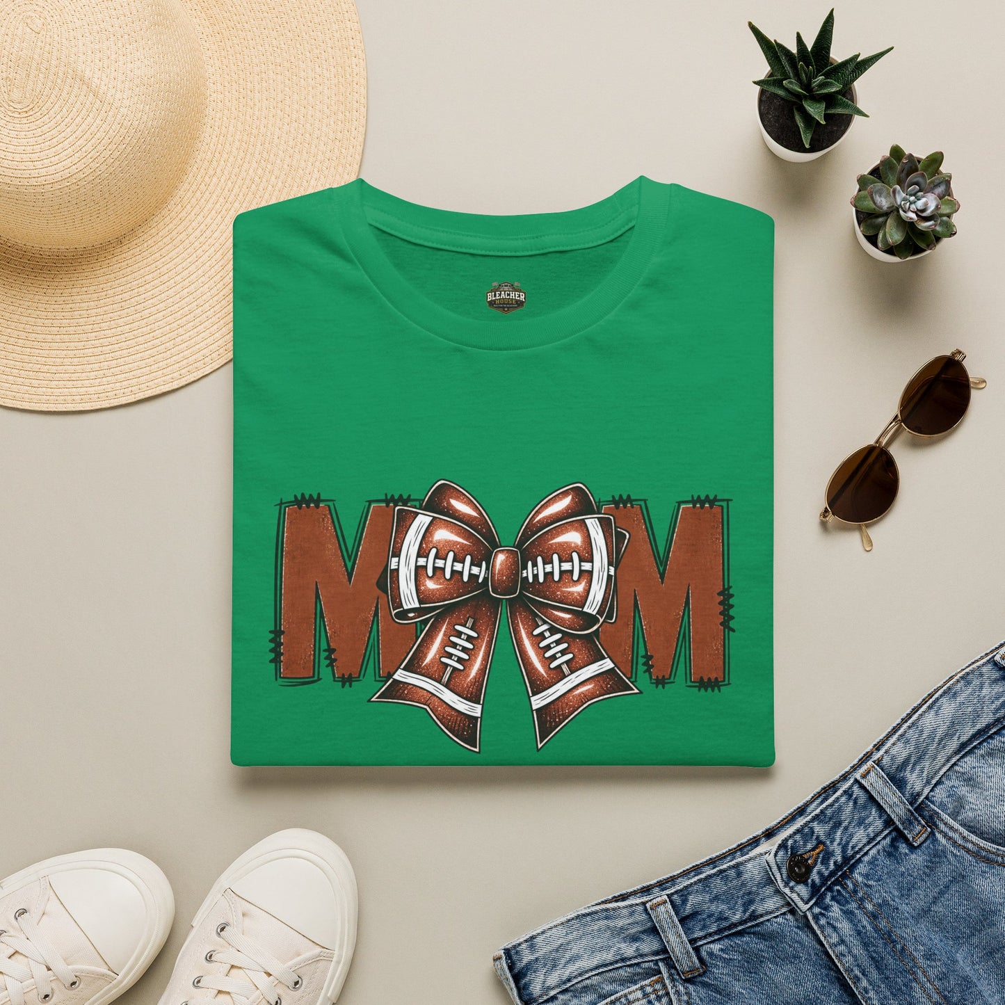 Football Mom T-Shirt — 'MOM' with Football Bow Graphic