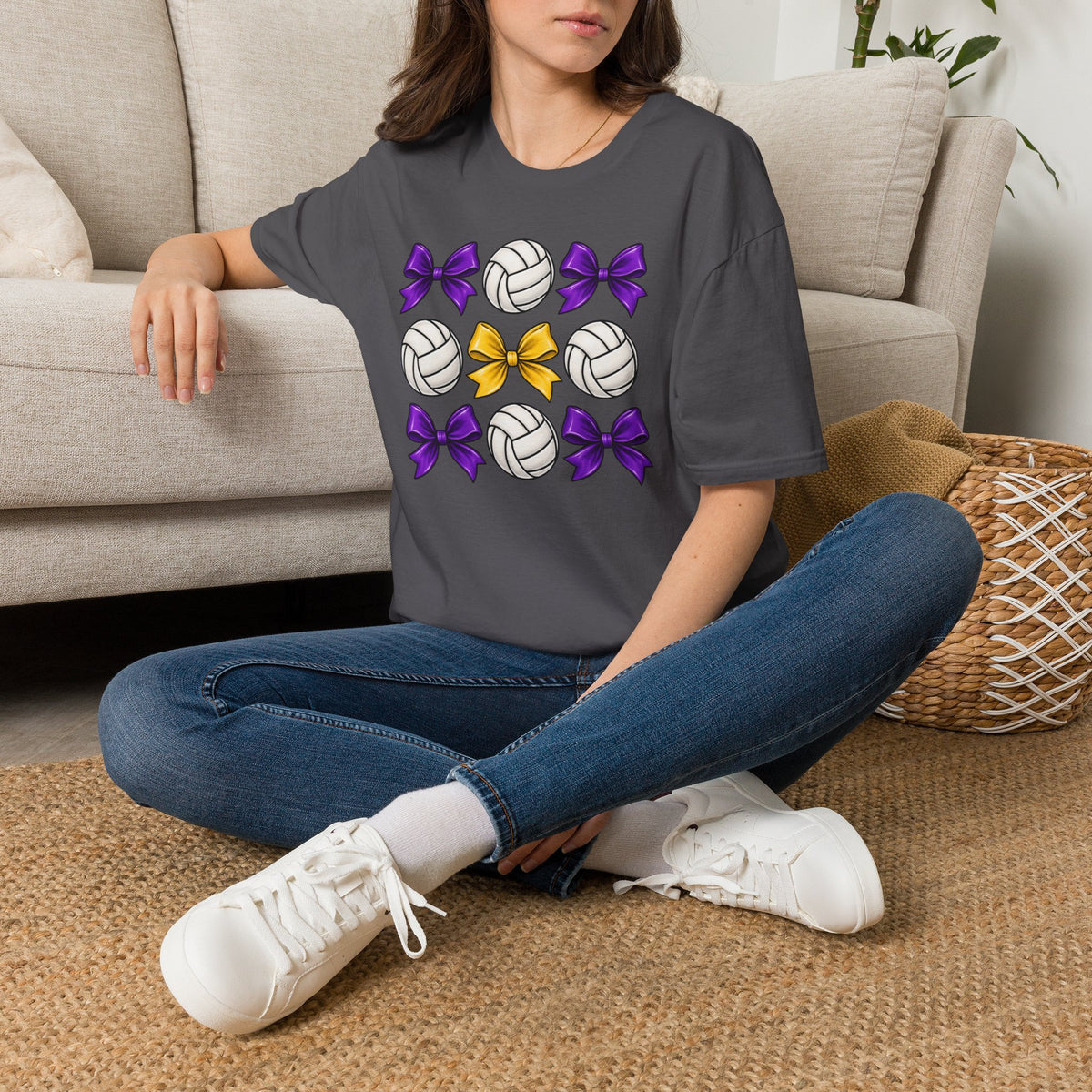 Volleyball & Bows Graphic T-Shirt — Purple & Gold Spirit Tee