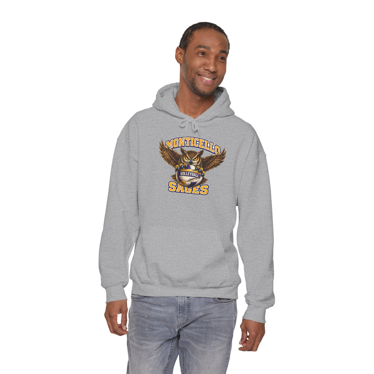 Monticello Sages Volleyball Hoodie — Wingspread Owl Mascot School Sweatshirt