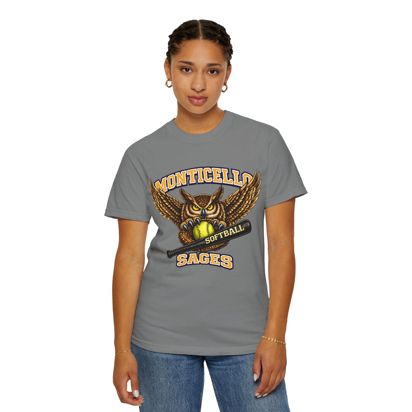 Monticello Sages Softball T-Shirt — Vintage Owl & Wings Team Tee
