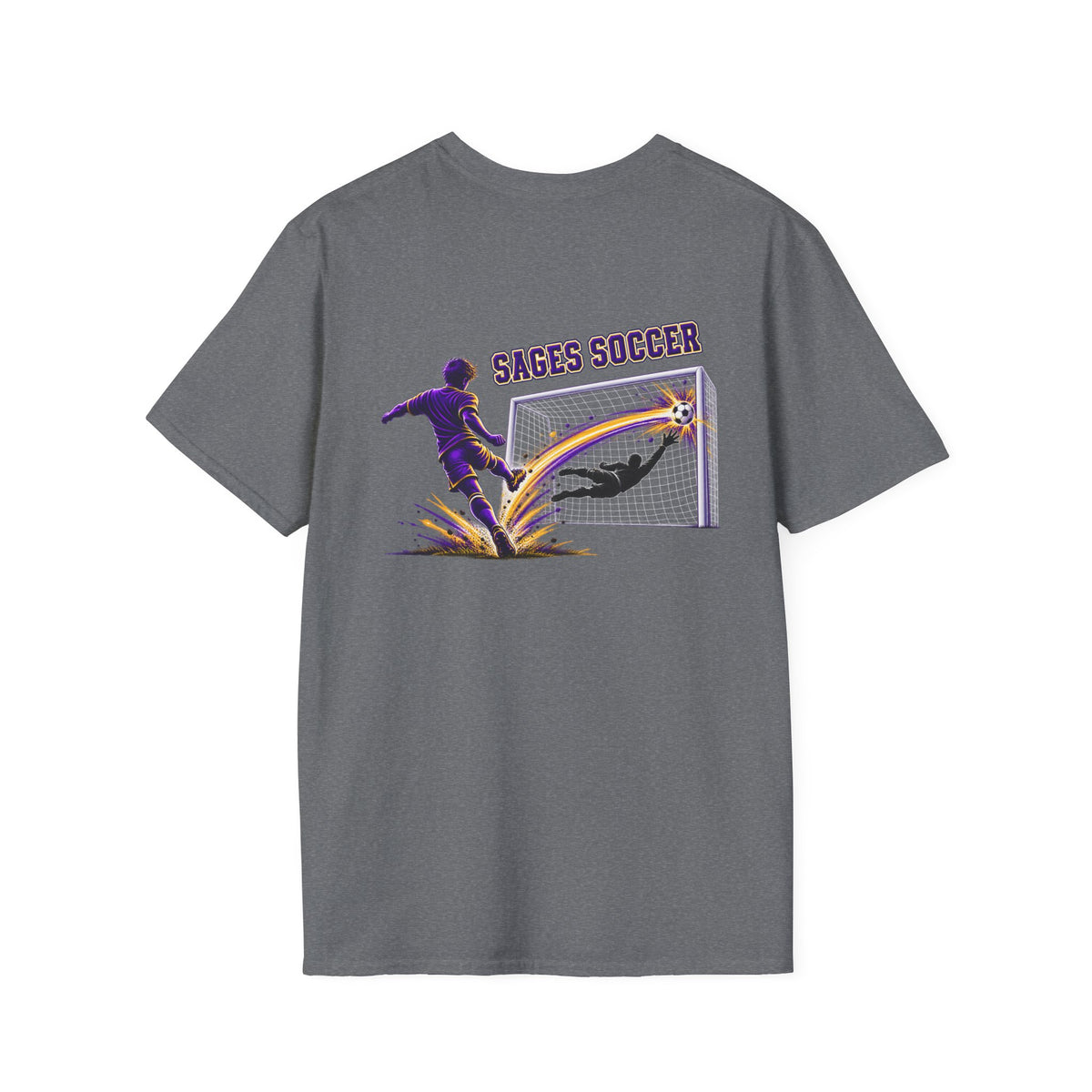 Monticello Soccer Club Graphic Goal T Shirt - Crest on Front, Graphic Soccer Goal On Back