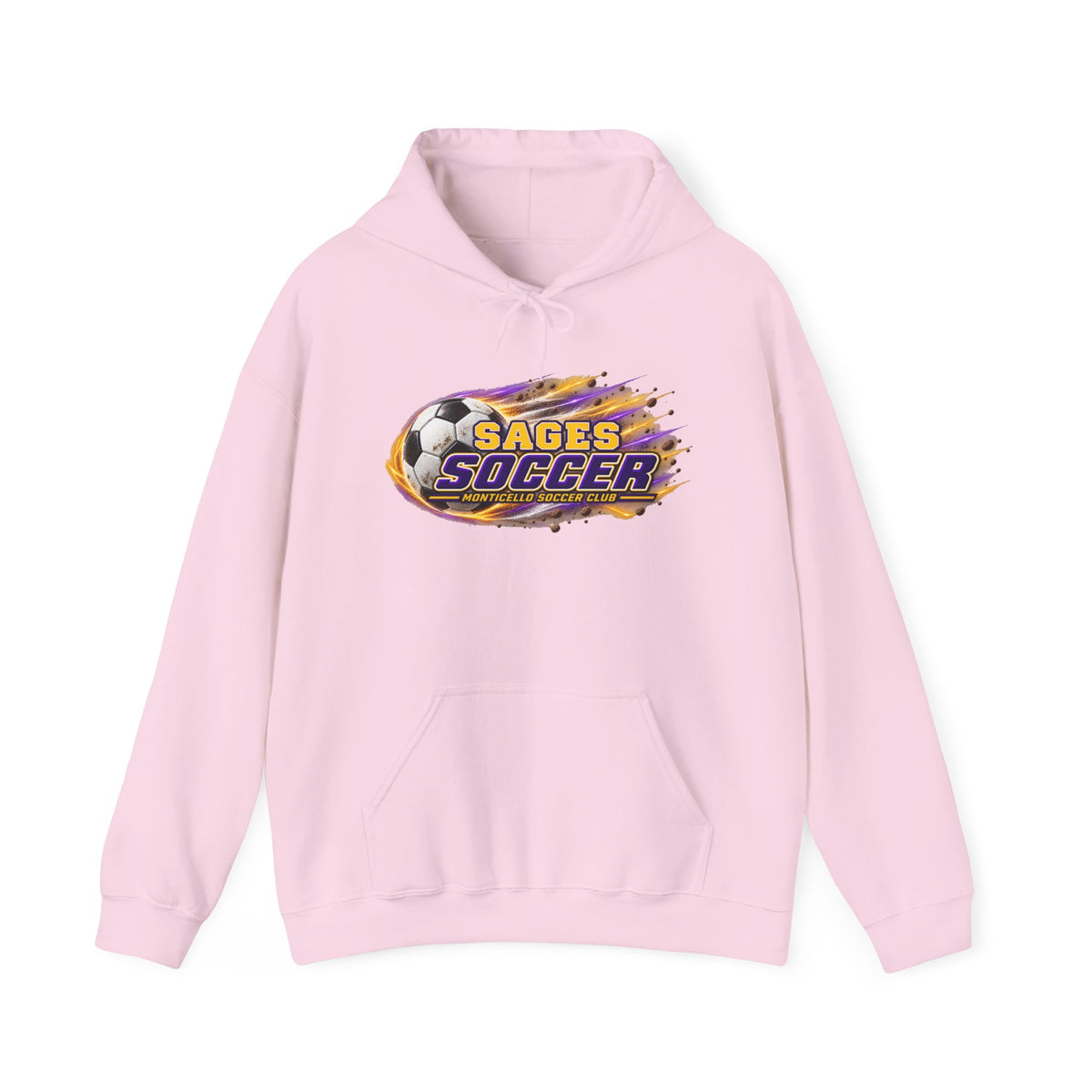 Sages Soccer Hoodie — Purple & Gold Flame Graphic Sweatshirt with Hood