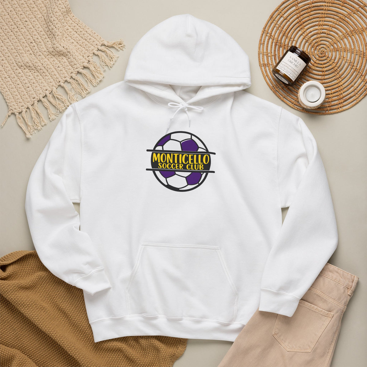 Monticello Soccer Club Hoodie — Purple & Gold Soccer Logo Sweatshirt