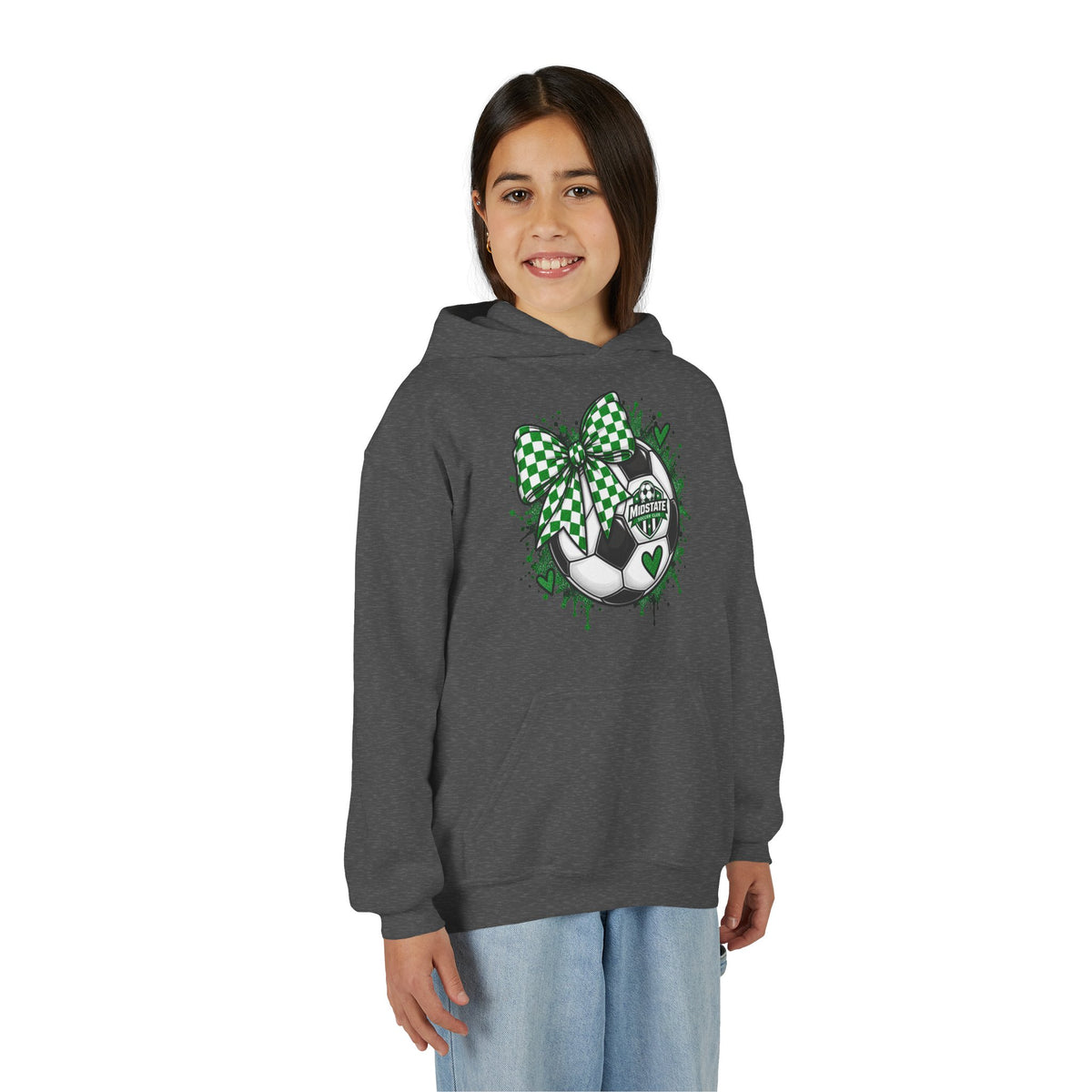 Youth Midstate Hoodie — St. Patrick's Soccer Shamrock Bow Graphic