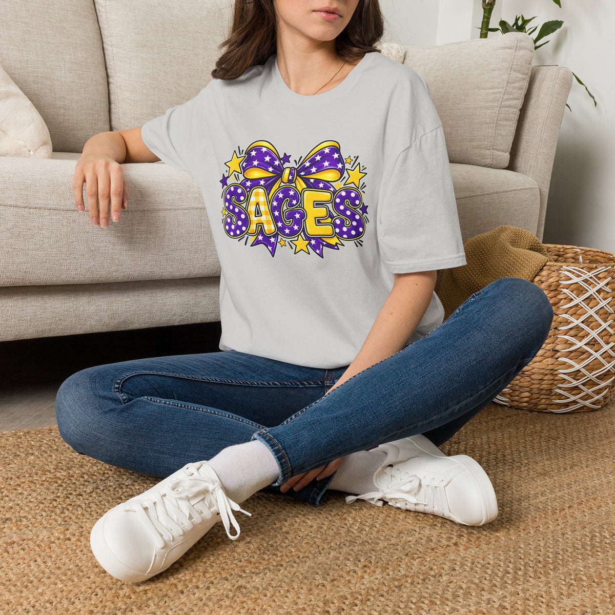 Sages T-Shirt — SAGES Cheer Bow Graphic Tee (Purple & Gold Stars)