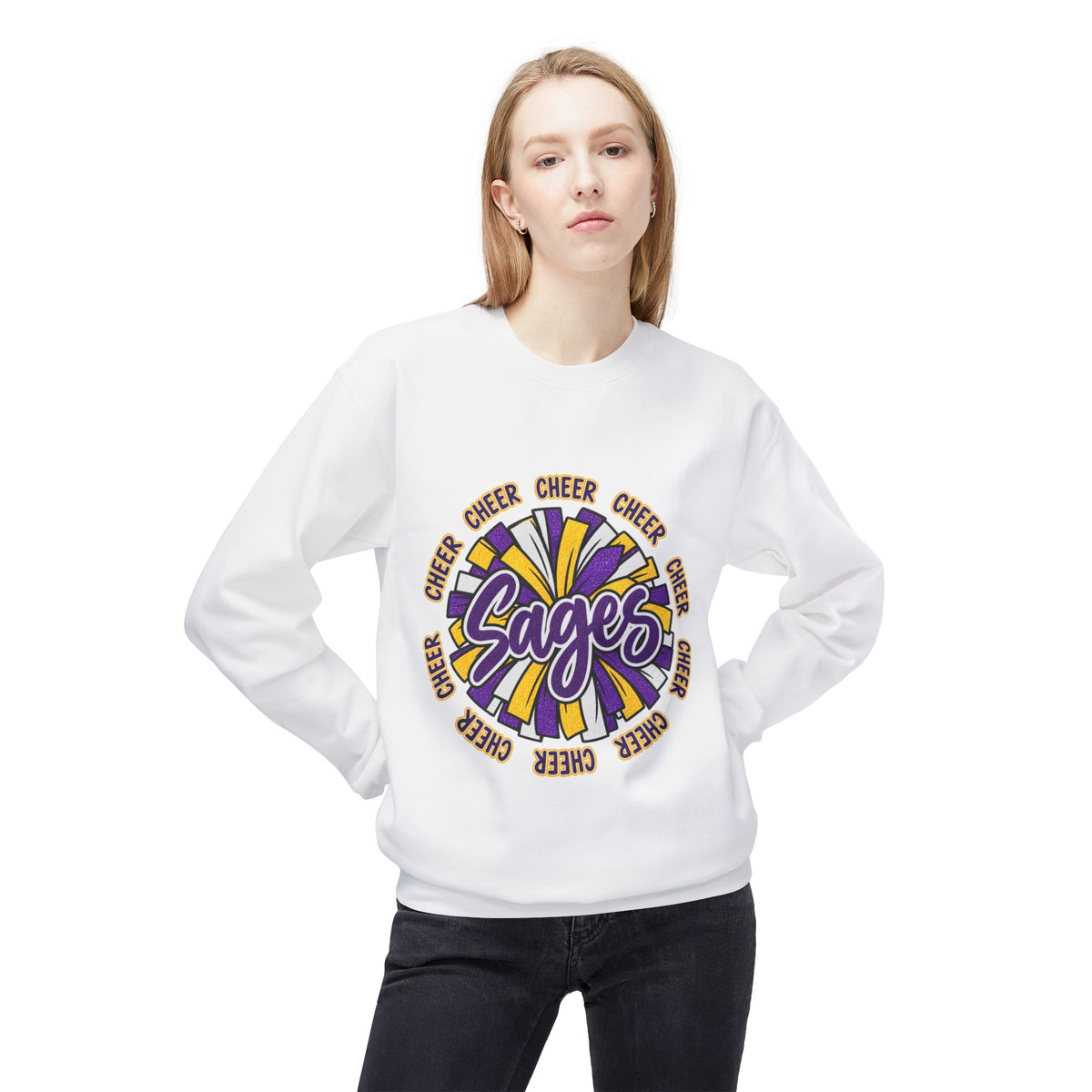 Sages Pom-Pom Cheer Crewneck Sweatshirt – Purple & Gold Spirit Tee