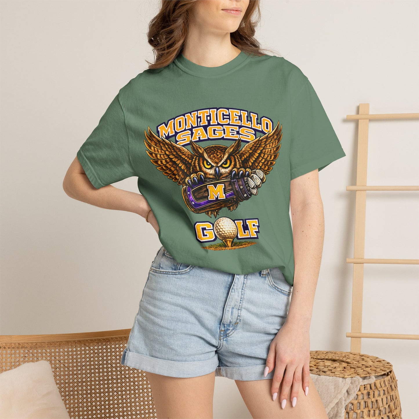 Monticello Sages Golf T-Shirt — Vintage Owl & Wings Team Tee