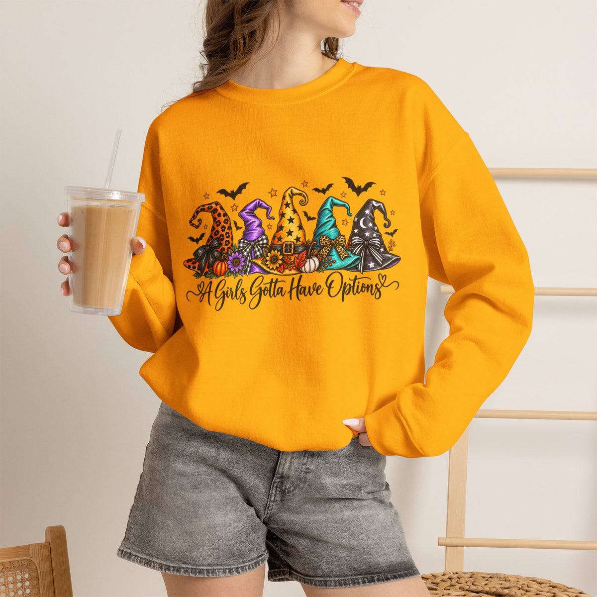 Witch Hat Crewneck Sweatshirt - "A Girls Gotta Have Options" Halloween Pullover