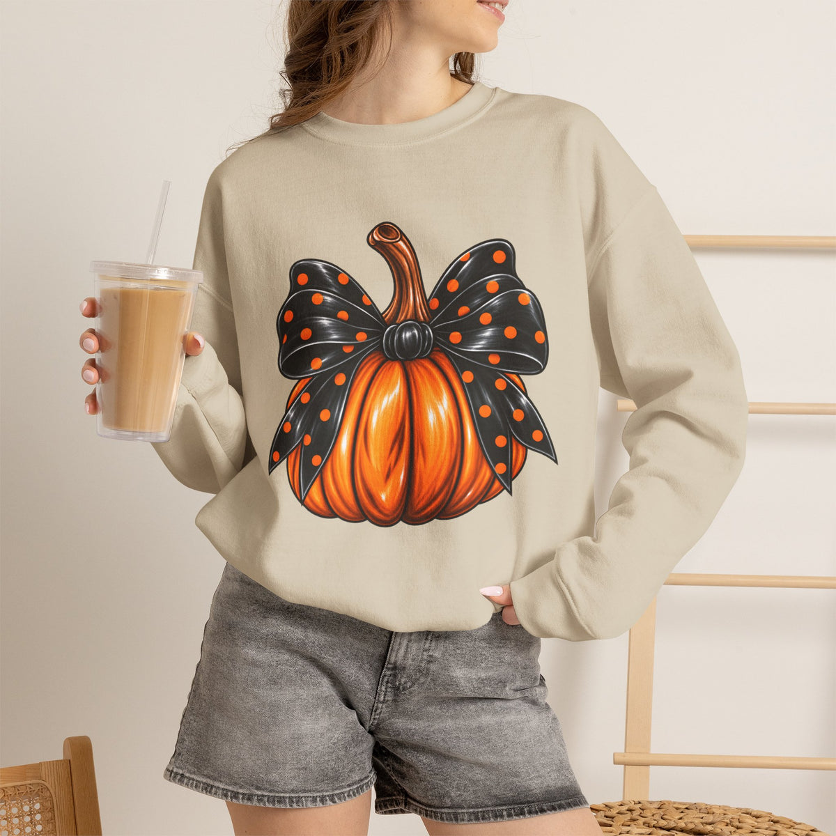 Pumpkin Bow Crewneck Sweatshirt — Cute Halloween Pumpkin Graphic
