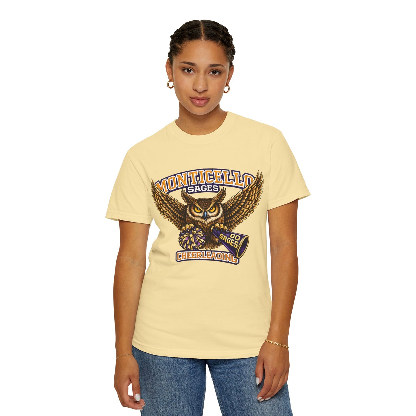 Monticello Sages Cheerleading T-shirt - Vintage Owl & Wings Team Tee