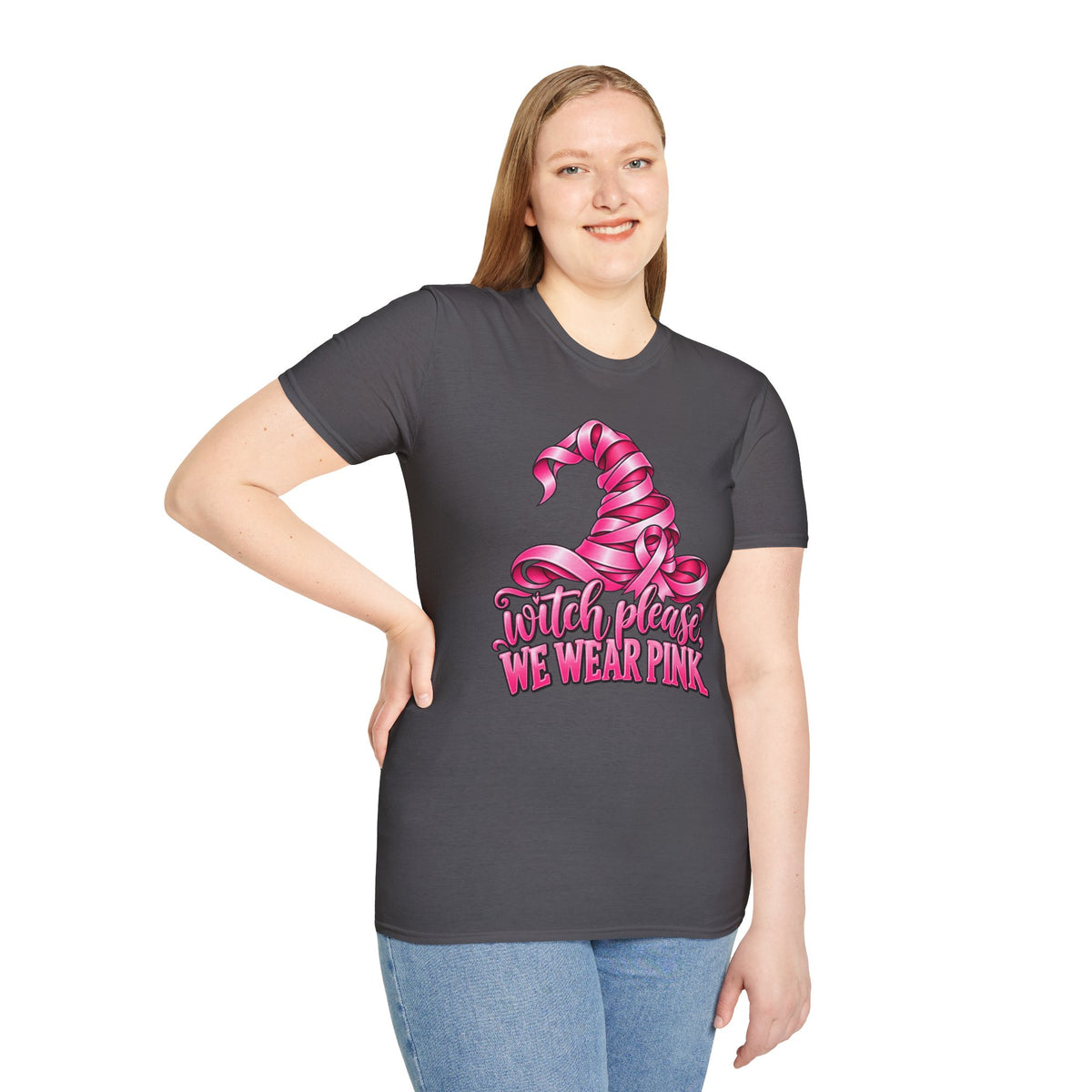 Witch Please We Wear Pink T-Shirt — Pink Witch Hat Breast Cancer Awareness Tee