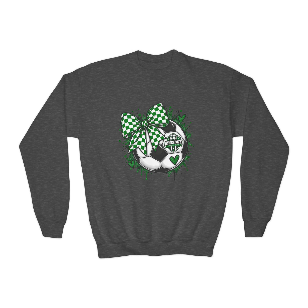 YOUTH Midstate Soccer Crest Crewneck — Green Bow Soccer Ball Sweatshirt