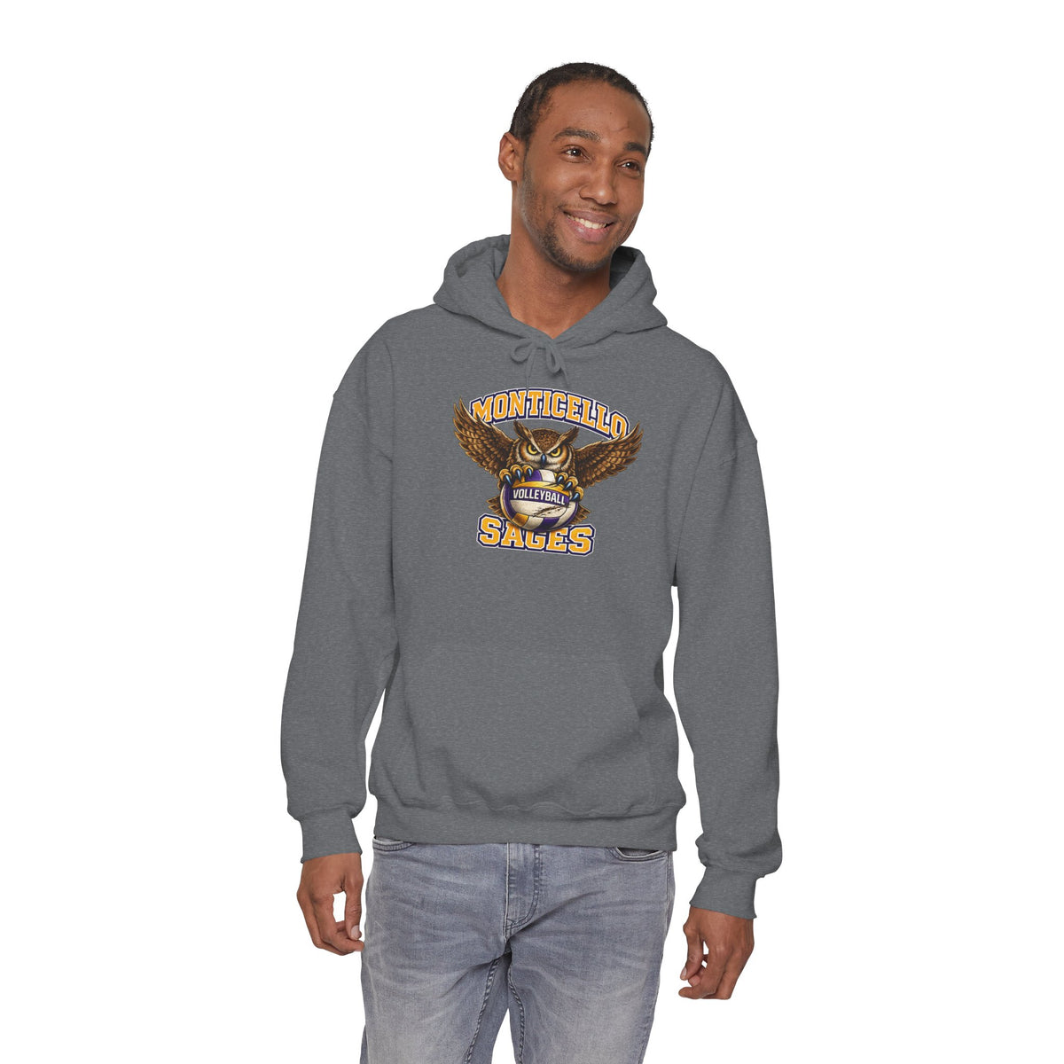 Monticello Sages Volleyball Hoodie — Wingspread Owl Mascot School Sweatshirt