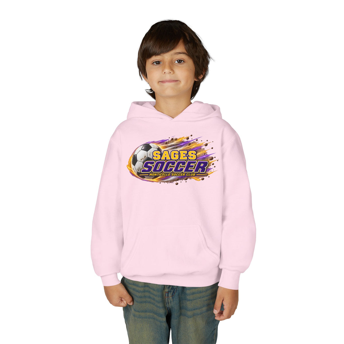 YOUTH Sages Soccer Hoodie — Purple & Gold Flame Graphic Sweatshirt with Hood