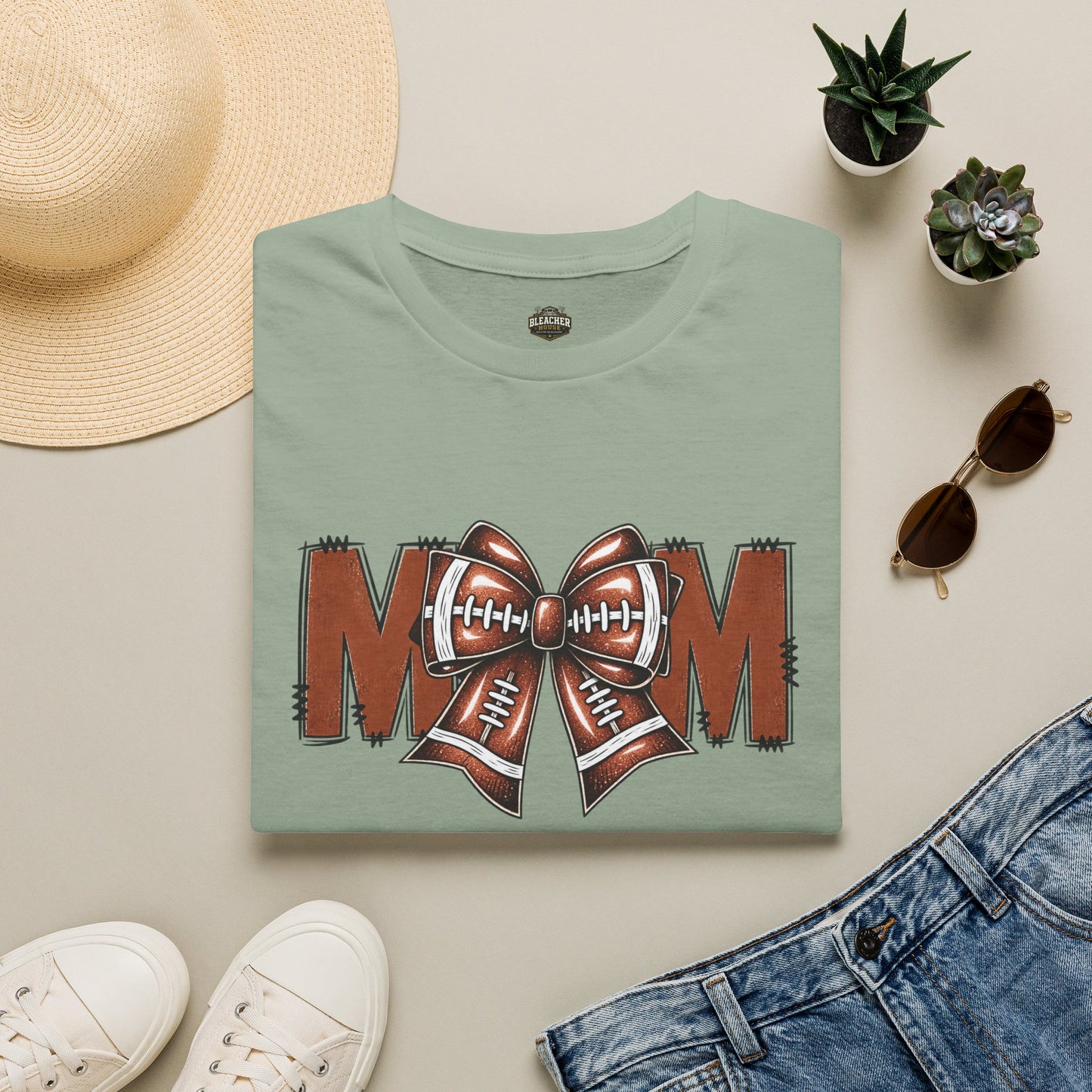 Football Mom T-Shirt — 'MOM' with Football Bow Graphic