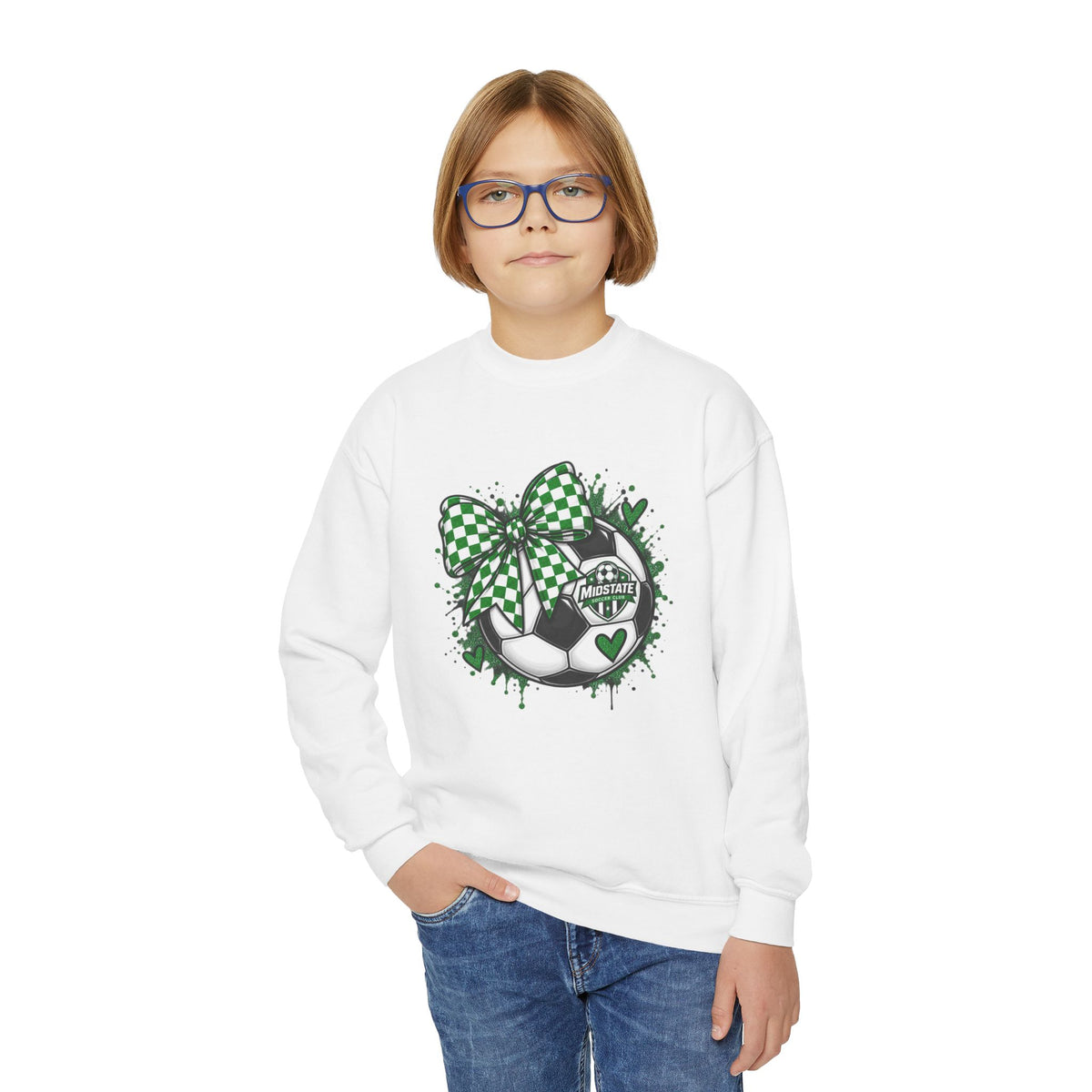 YOUTH Midstate Soccer Crest Crewneck — Green Bow Soccer Ball Sweatshirt