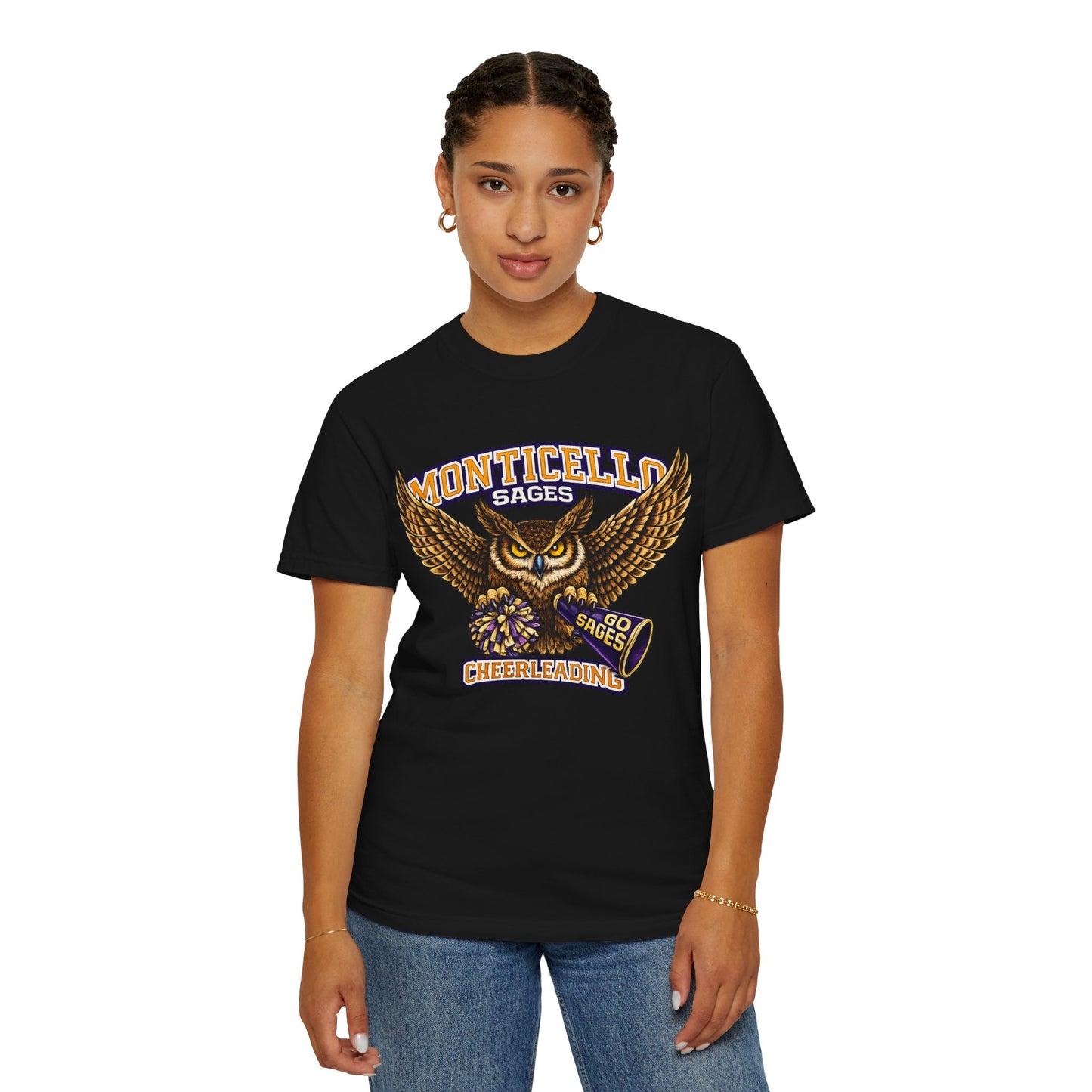 Monticello Sages Cheerleading T-shirt - Vintage Owl & Wings Team Tee