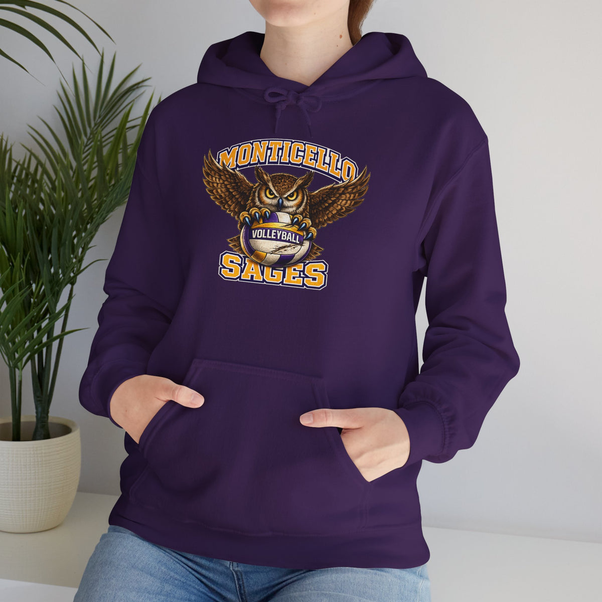 Monticello Sages Volleyball Hoodie — Wingspread Owl Mascot School Sweatshirt